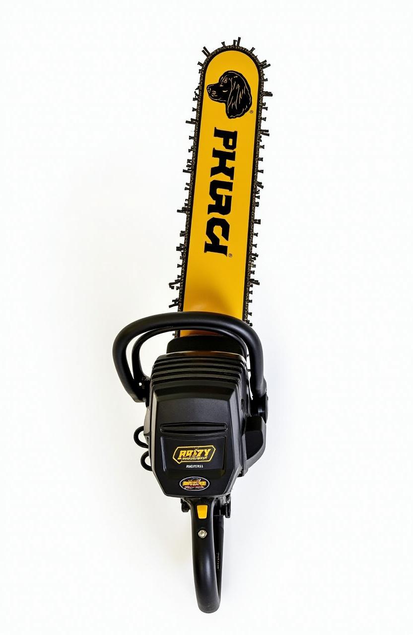 A gasoline chainsaw with a striking gold and black design, featuring a large blade prominently displaying a logo of a cocker spaniel dog's head and the word 'PROG' etched on the blade