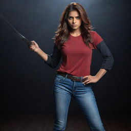 The Indian girl with reddish-brown hair, now without the eyepatch, dons a full-sleeve red t-shirt and jeans and bravely wields a sword, against a backdrop of an intensified dark and ominous atmosphere.