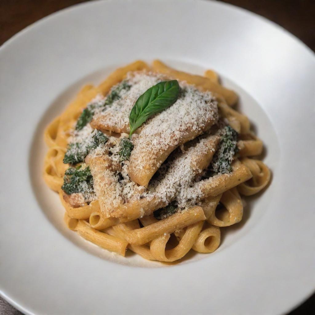 A beautifully plated dish of pasta with a dusting of parmesan cheese under soft warm lighting, with no green elements present.