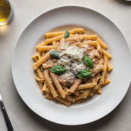 A beautifully plated dish of pasta with a dusting of parmesan cheese under soft warm lighting, with no green elements present.