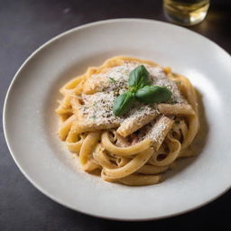 A beautifully plated dish of pasta with a dusting of parmesan cheese under soft warm lighting, with no green elements present.