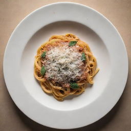 A beautifully plated dish of pasta with a dusting of parmesan cheese under soft warm lighting, with no green elements present.