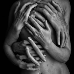 An abstract and artistic composition featuring intertwined hands embracing a figure, conveying a deep sense of closeness and intimacy