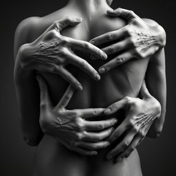 An abstract and artistic composition featuring intertwined hands embracing a figure, conveying a deep sense of closeness and intimacy