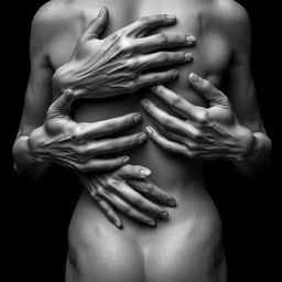 An abstract and artistic composition featuring intertwined hands embracing a figure, conveying a deep sense of closeness and intimacy