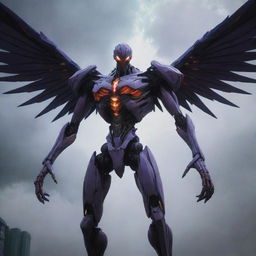 An imposing Angel-like monster inspired by Evangelion but without wings. Instead, it possesses other intimidating features such as menacing, towering height, intricate bio-mechanical designs populating its body, and a haunting, ominous glow.