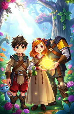 Three adventurous characters in a vibrant fantasy world: two boys and a girl, united on a quest to save their magical land from an imminent war