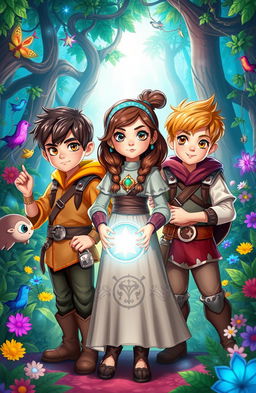 Three adventurous characters in a vibrant fantasy world: two boys and a girl, united on a quest to save their magical land from an imminent war