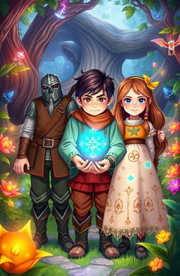 Three adventurous characters in a vibrant fantasy world: two boys and a girl, united on a quest to save their magical land from an imminent war