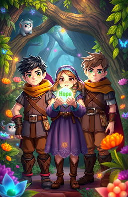 Three adventurous characters in a vibrant fantasy world: two boys and a girl, united on a quest to save their magical land from an imminent war