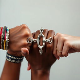 Three hands intricately chained together, symbolizing unity and strength