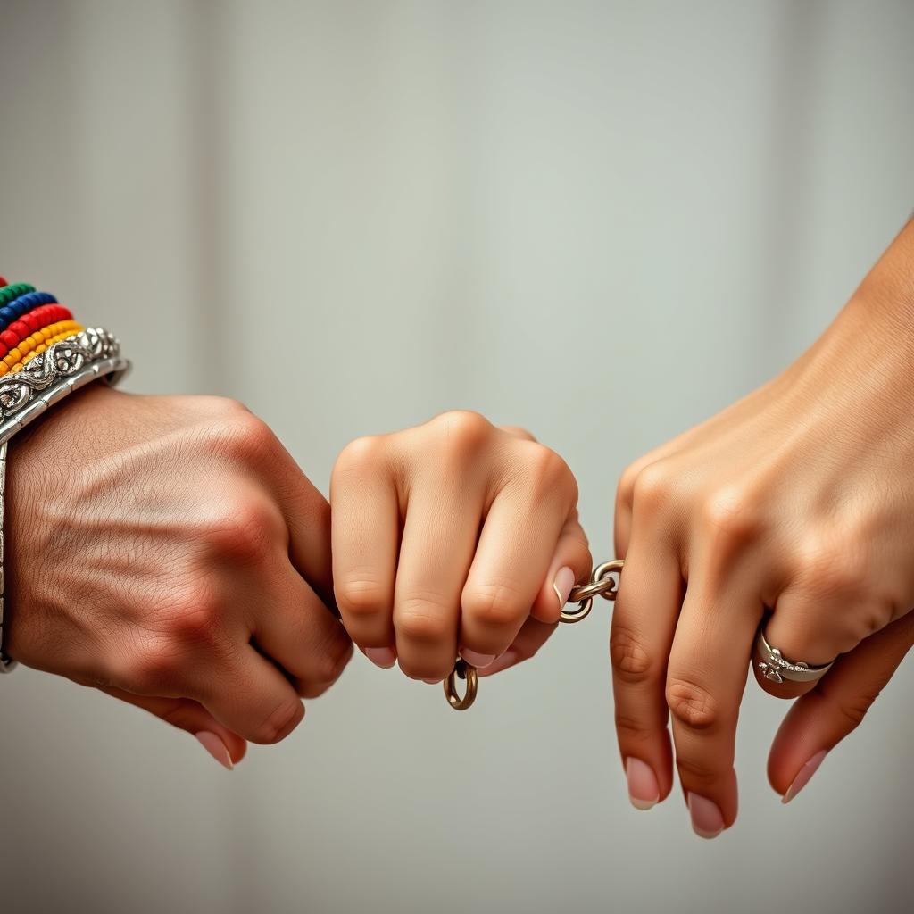 Three hands intricately chained together, symbolizing unity and strength