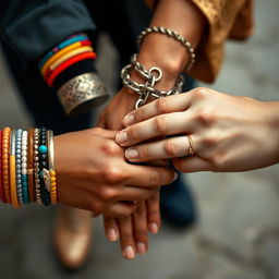 Three hands intricately chained together, symbolizing unity and strength