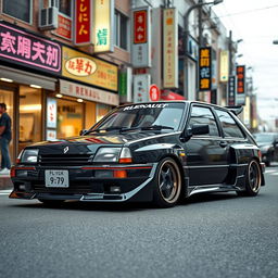 A custom 1992 Renault 9 with an eye-catching body kit, colored in sleek black