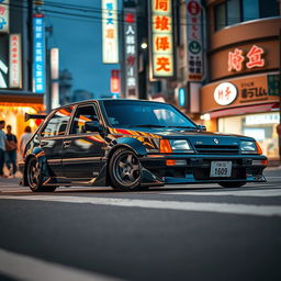 A custom 1992 Renault 9 with an eye-catching body kit, colored in sleek black