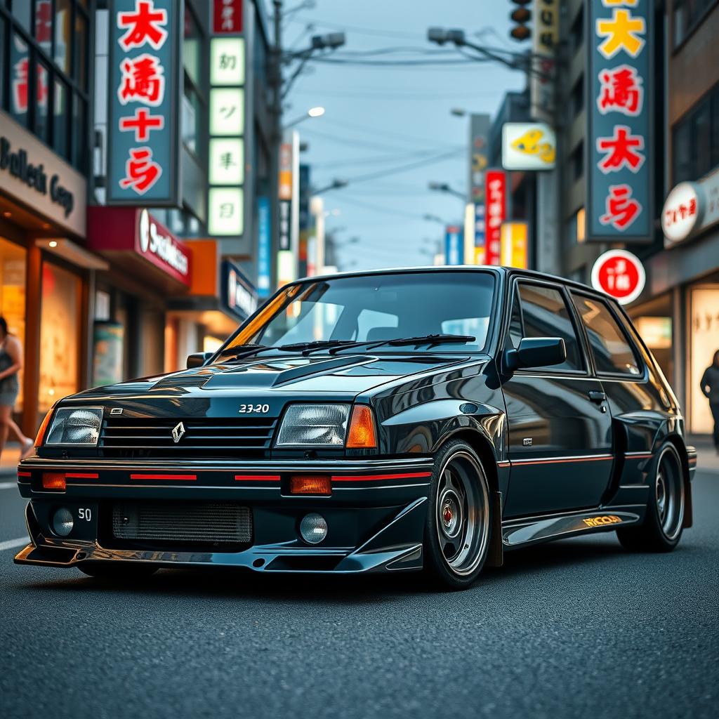 A custom 1992 Renault 9 with an eye-catching body kit, colored in sleek black