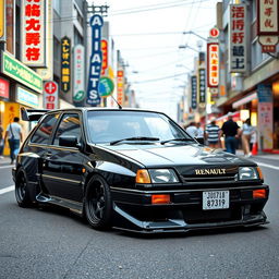 A custom 1992 Renault 9 with an eye-catching body kit, colored in sleek black