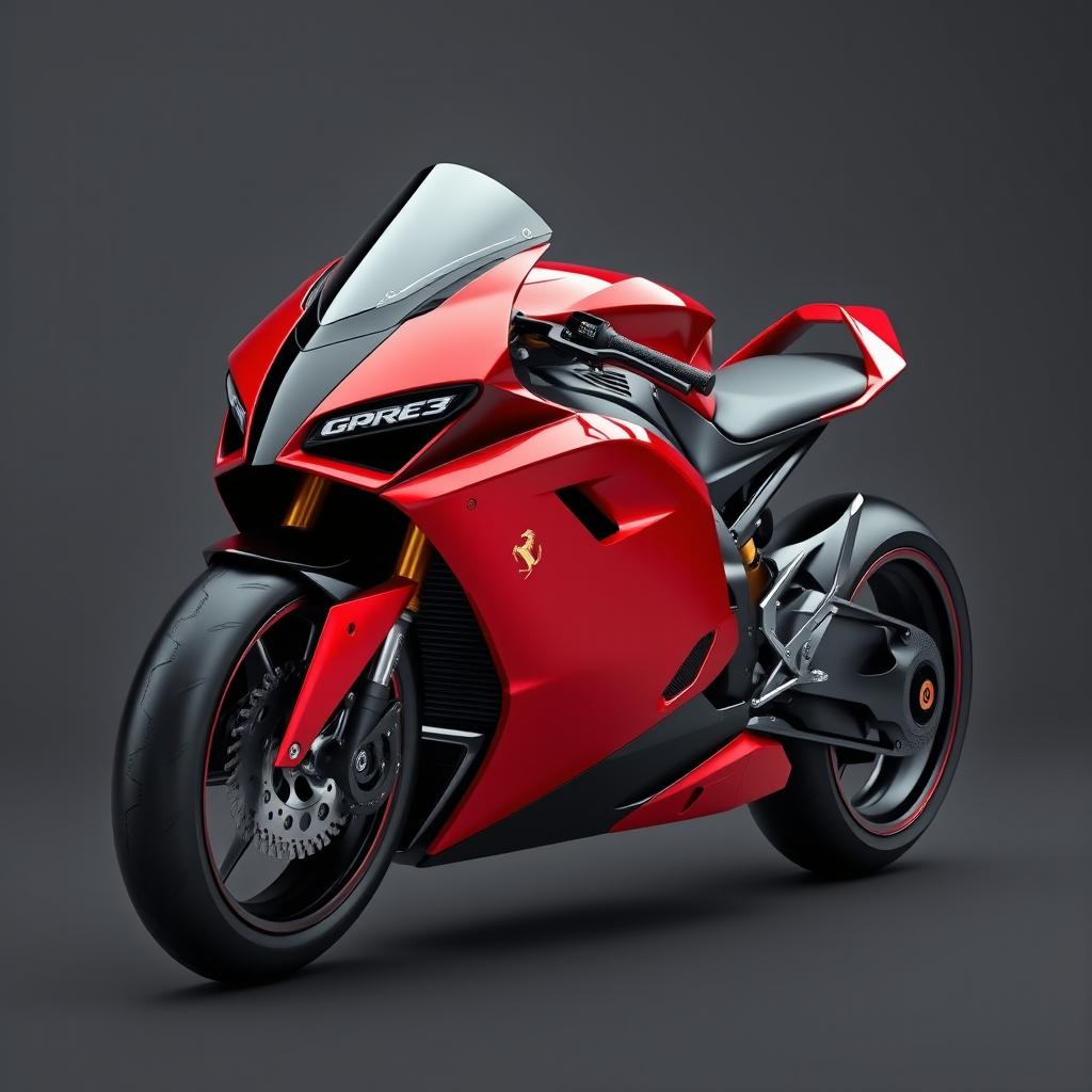 A futuristic Ferrari sports bike inspired by the Ferrari F1000 SP2, exemplifying a sleek and exotic design with an emphasis on aerodynamics