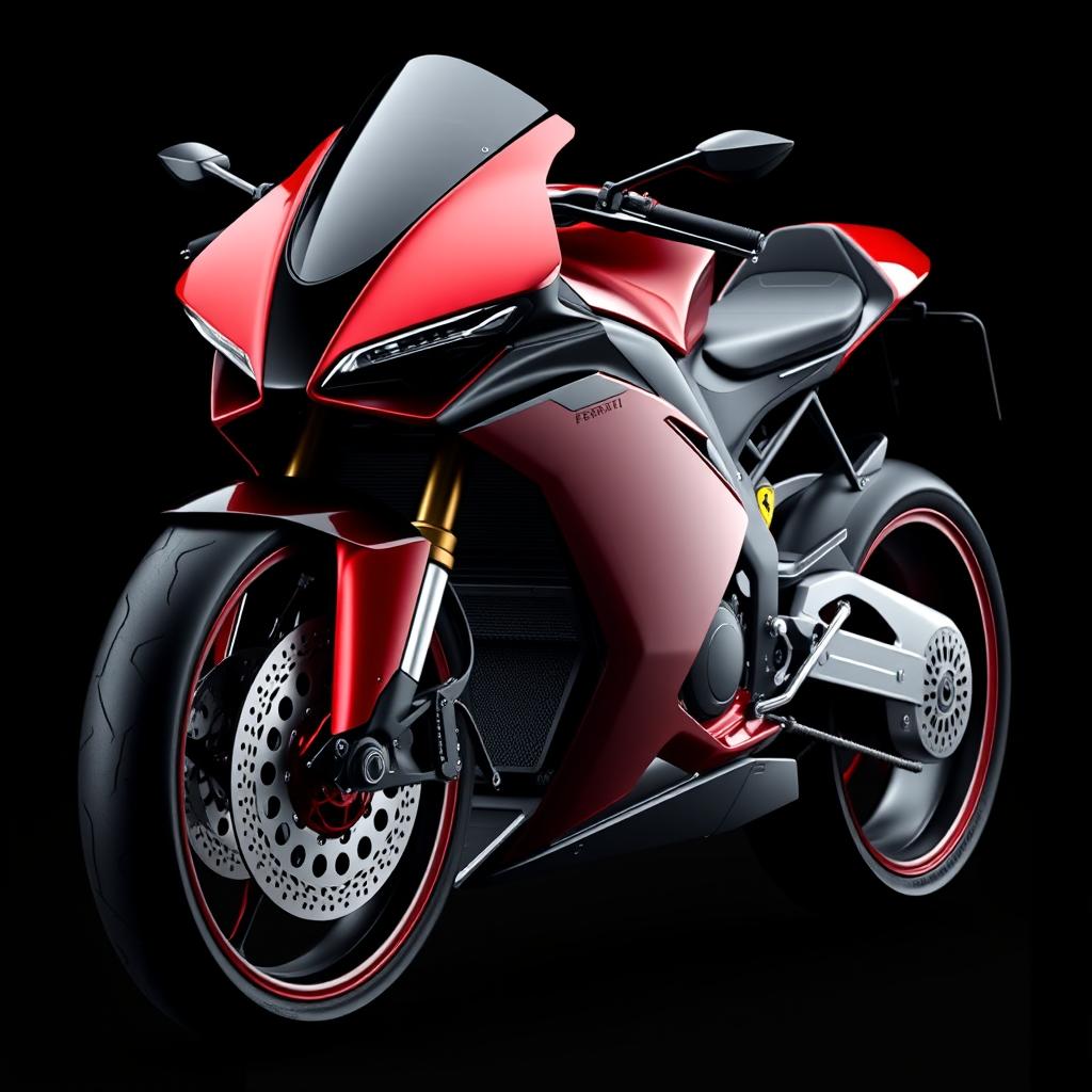 A futuristic Ferrari sports bike inspired by the Ferrari F1000 SP2, exemplifying a sleek and exotic design with an emphasis on aerodynamics