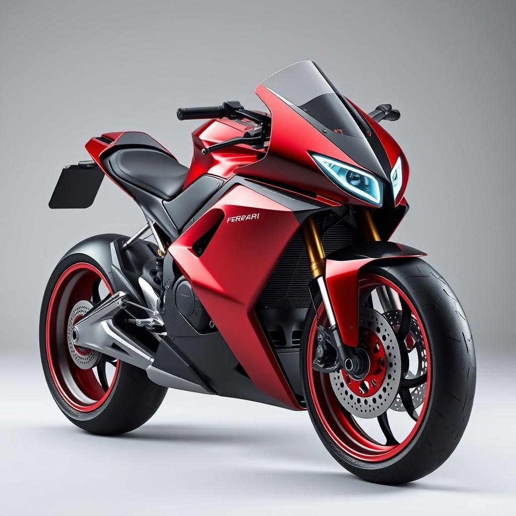 A futuristic Ferrari sports bike inspired by the Ferrari F1000 SP2 and the Ferrari SF-90, featuring a sleek and exotic aerodynamic design