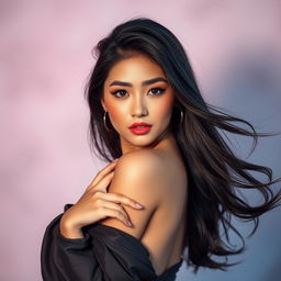 A glamorous Asian woman with an alluring pose, showcasing her confidence and attractiveness