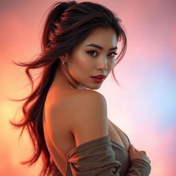 A glamorous Asian woman with an alluring pose, showcasing her confidence and attractiveness