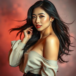 A glamorous Asian woman with an alluring pose, showcasing her confidence and attractiveness