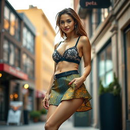 A stylish and confident woman wearing a sexy outfit that includes a flirty skirt and fashion-forward lingerie