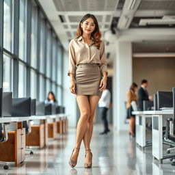 A stylish office setting in Korea featuring a confident woman wearing a chic mini skirt