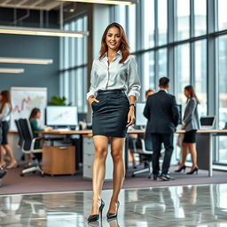 A stylish office setting in Korea featuring a confident woman wearing a chic mini skirt