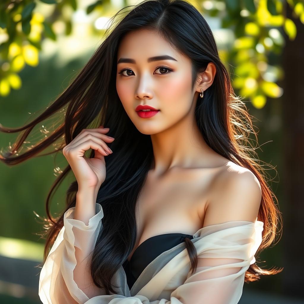 A beautiful young Korean woman with an alluring presence, posing confidently in a serene outdoor setting