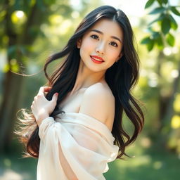 A beautiful young Korean woman with an alluring presence, posing confidently in a serene outdoor setting