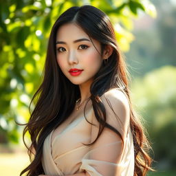 A beautiful young Korean woman with an alluring presence, posing confidently in a serene outdoor setting