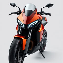 A stunning front view and full body shot of a beautifully designed futuristic naked sports motorcycle, specifically a 125cc model inspired by the Citroen and DS brands, as well as the Seat automotive design