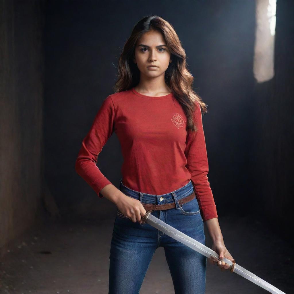 The brave Indian girl with a fair complexion and reddish-brown hair, wearing a red full-sleeve t-shirt and jeans, staunchly holds a sword, set against the backdrop of a powerful, dark environment.