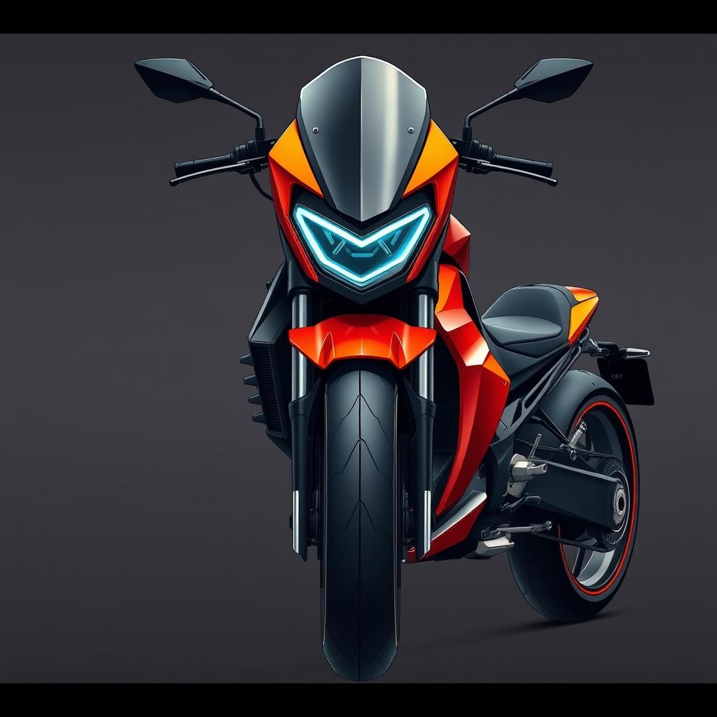 A stunning front lateral view and full body shot of a beautifully drawn futuristic sport naked bike, specifically a 125cc model inspired by the Citroen and DS brands, as well as the Seat automobile aesthetic