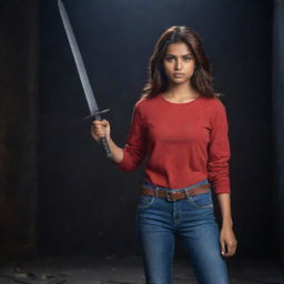 The brave Indian girl with a fair complexion and reddish-brown hair, wearing a red full-sleeve t-shirt and jeans, staunchly holds a sword, set against the backdrop of a powerful, dark environment.