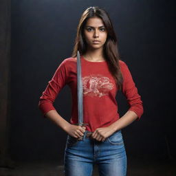 The brave Indian girl with a fair complexion and reddish-brown hair, wearing a red full-sleeve t-shirt and jeans, staunchly holds a sword, set against the backdrop of a powerful, dark environment.