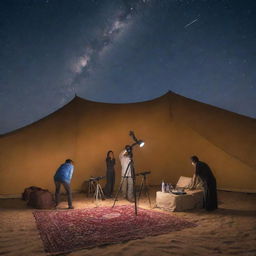 Inside an Arabian tent under a desert night sky, telescopes are set up for a stargazing session. Astronomy experts guide visitors, pointing out constellations and sharing celestial tales.