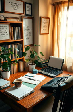 A cozy writer's nook filled with inspiration, featuring a warm and inviting wooden desk cluttered with notebooks, pens, and an open laptop