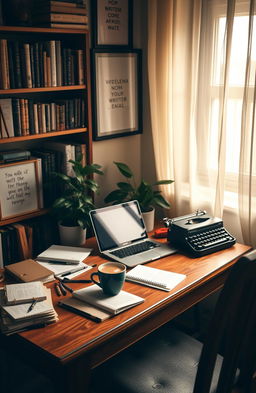 A cozy writer's nook filled with inspiration, featuring a warm and inviting wooden desk cluttered with notebooks, pens, and an open laptop