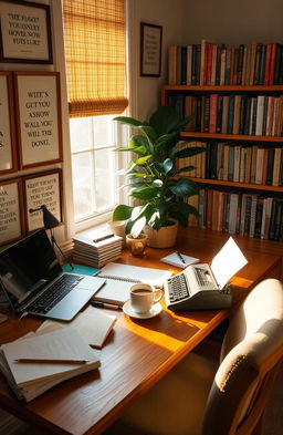 A cozy writer's nook filled with inspiration, featuring a warm and inviting wooden desk cluttered with notebooks, pens, and an open laptop