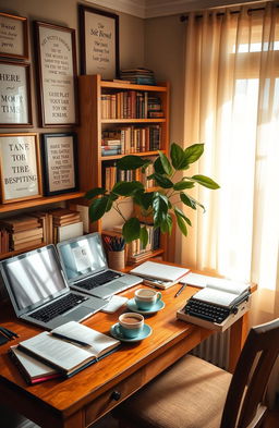 A cozy writer's nook filled with inspiration, featuring a warm and inviting wooden desk cluttered with notebooks, pens, and an open laptop