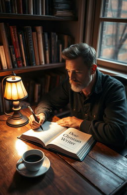 A thoughtful man in a cozy, warmly lit room, sitting at a wooden table while writing on a book titled 'Dear Christian Writer'