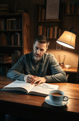 A thoughtful man in a cozy, warmly lit room, sitting at a wooden table while writing on a book titled 'Dear Christian Writer'