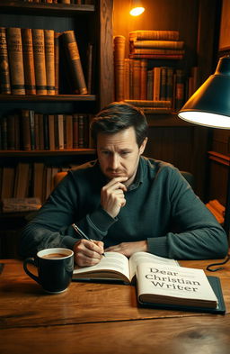 A thoughtful man in a cozy, warmly lit room, sitting at a wooden table while writing on a book titled 'Dear Christian Writer'