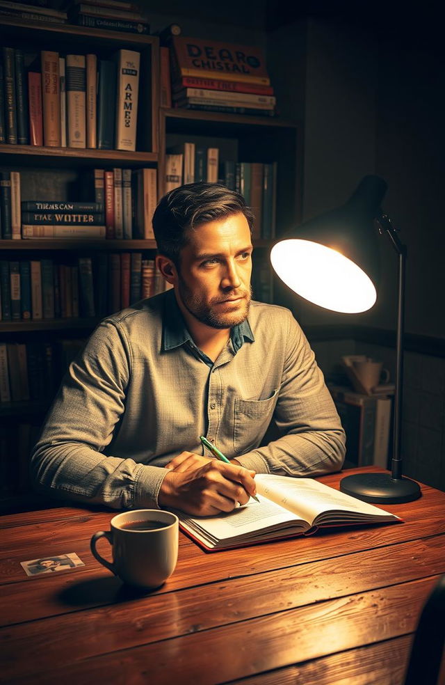 A thoughtful man in a cozy, warmly lit room, sitting at a wooden table while writing on a book titled 'Dear Christian Writer'