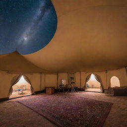 Inside an Arabian tent under a desert night sky, telescopes are set up for a stargazing session. Astronomy experts guide visitors, pointing out constellations and sharing celestial tales.