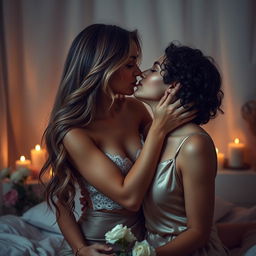 A sensual and intimate scene between two beautiful women, both in a soft, romantic setting with dim lighting