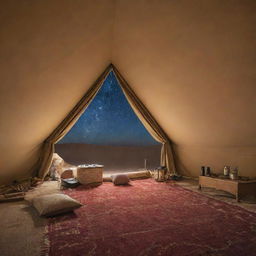 Inside an Arabian tent under a desert night sky, telescopes are set up for a stargazing session. Astronomy experts guide visitors, pointing out constellations and sharing celestial tales.